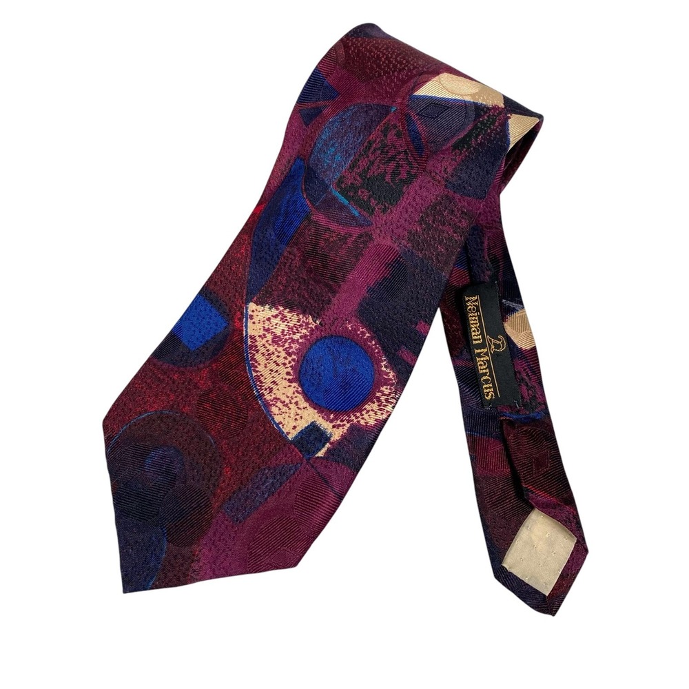 Neiman Marcus Silk Necktie‎ VTG Abstract Geometric Burgundy Blue Handmade Spain
